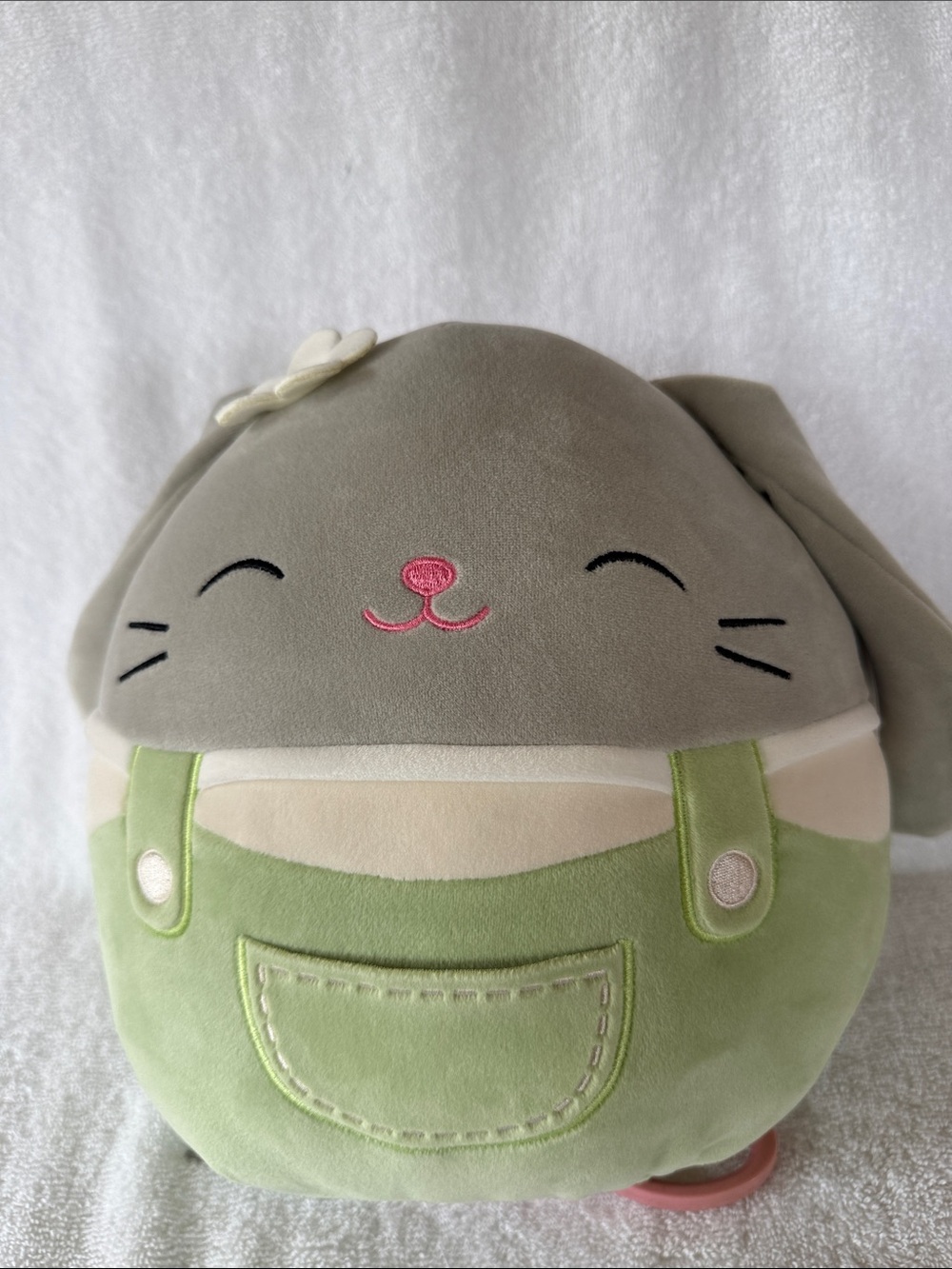 Squishmallows Blake Bunny with a Pink Nose and Light Green Overalls